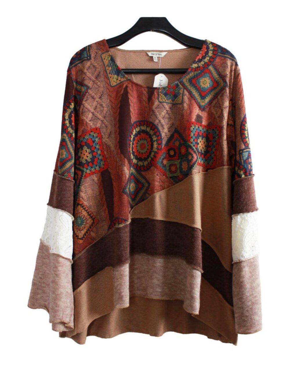 Yak & Yeti Abstract Print Multi-textured Long Flare Sleeve Tunic Top (XL)